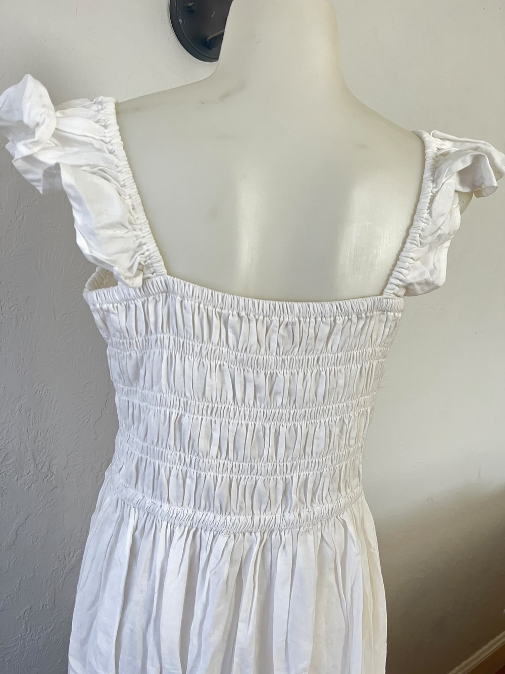 Smocked White Maxi Dress with Ruffle Shoulder Straps - Picture 5 of 7